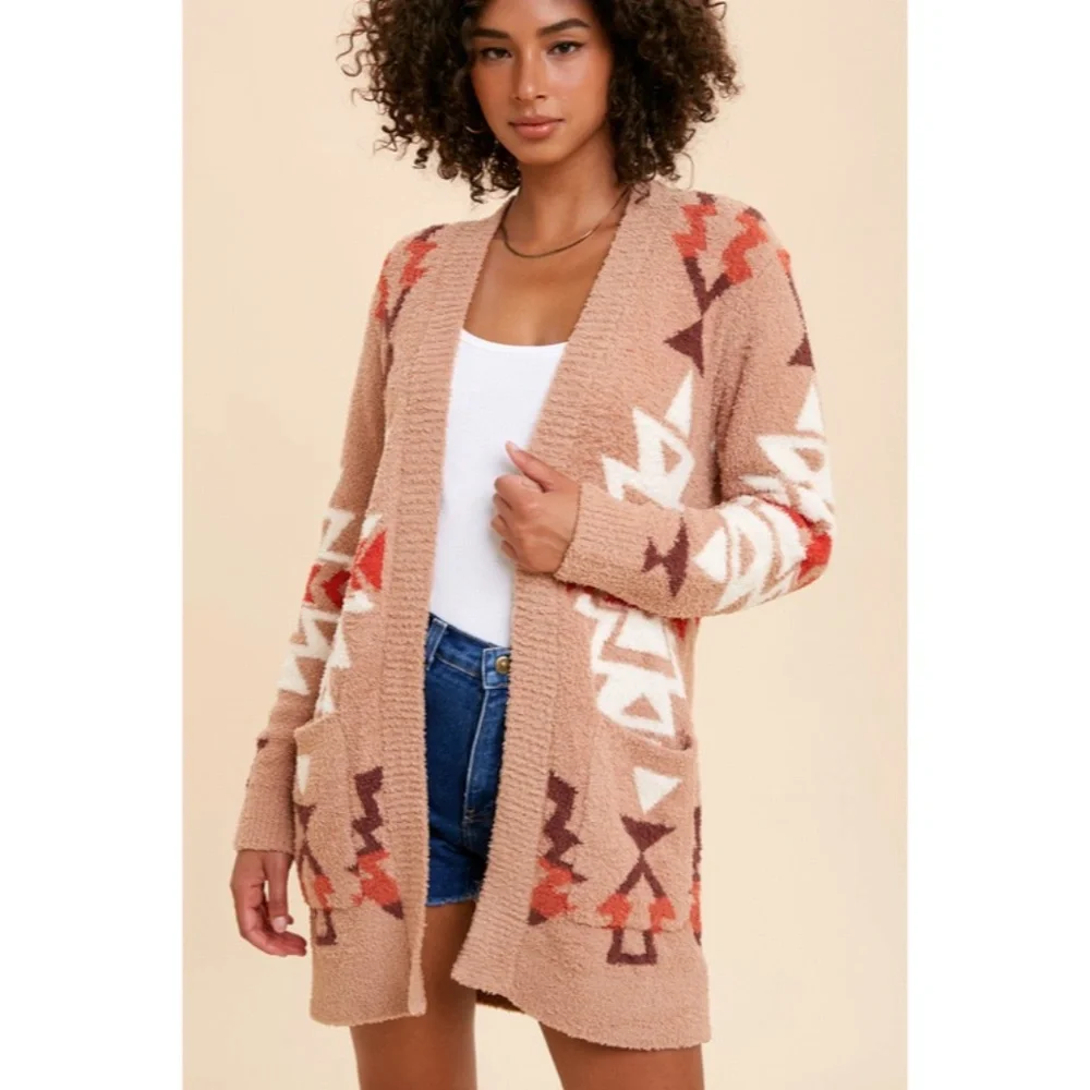 SOLD OUT Sand Multi Color Aztec Tribal Fuzzy Soft Knit Cardigan Sweater - Picture 5 of 11